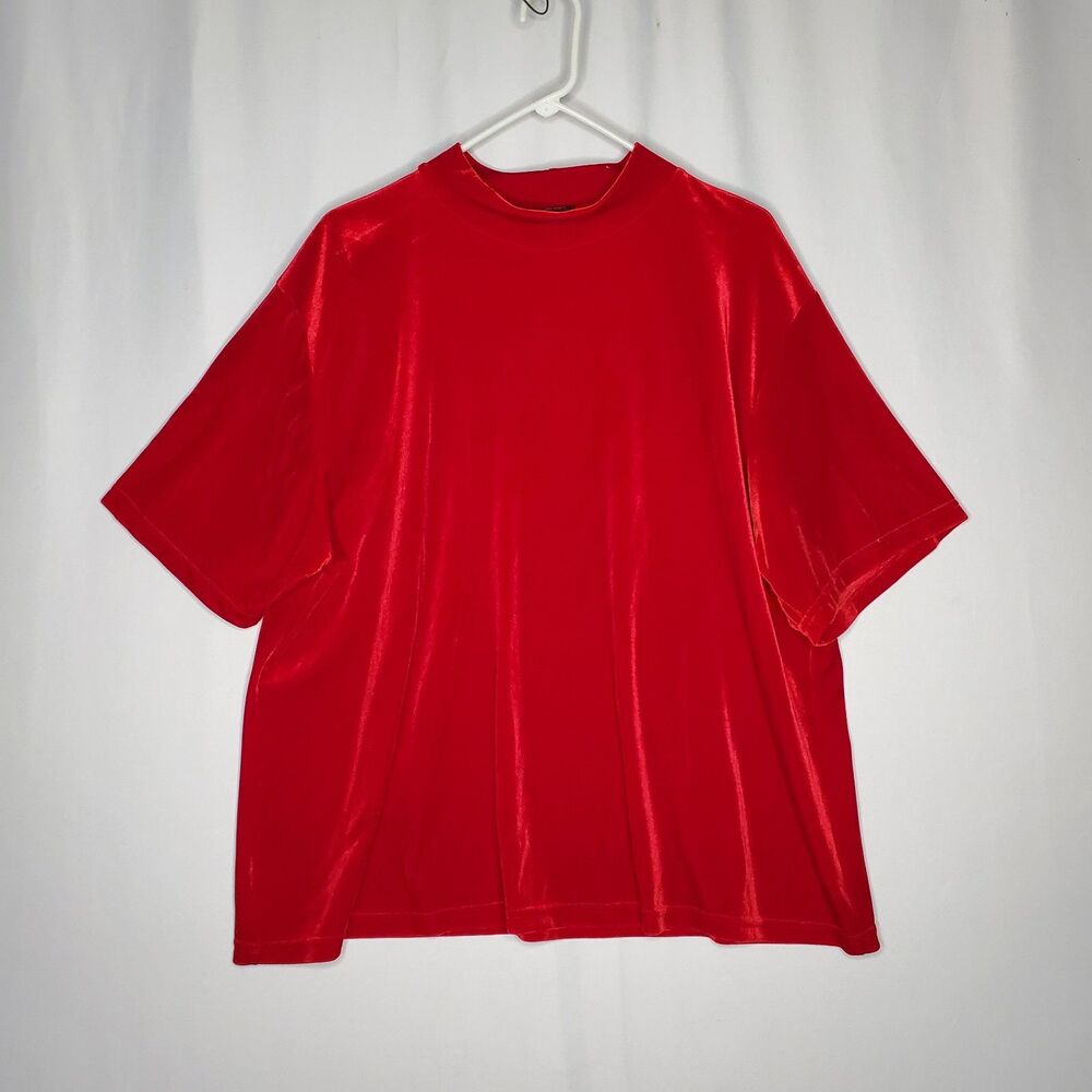 Ashley Stewart Red Velvet‎ Top Women 26/28 Short Sleeve Stretch Mock Neck